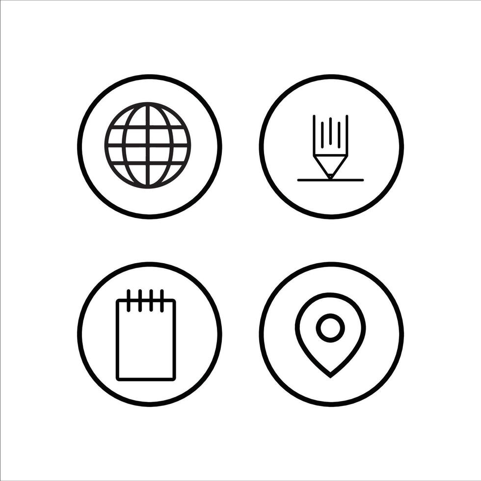 four icons of a globe, notebook, pen and globe vector