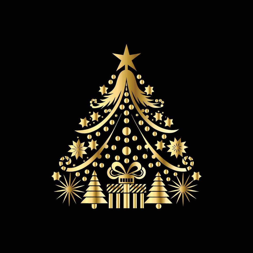 christmas tree with gold decorations on black background. illustration vector