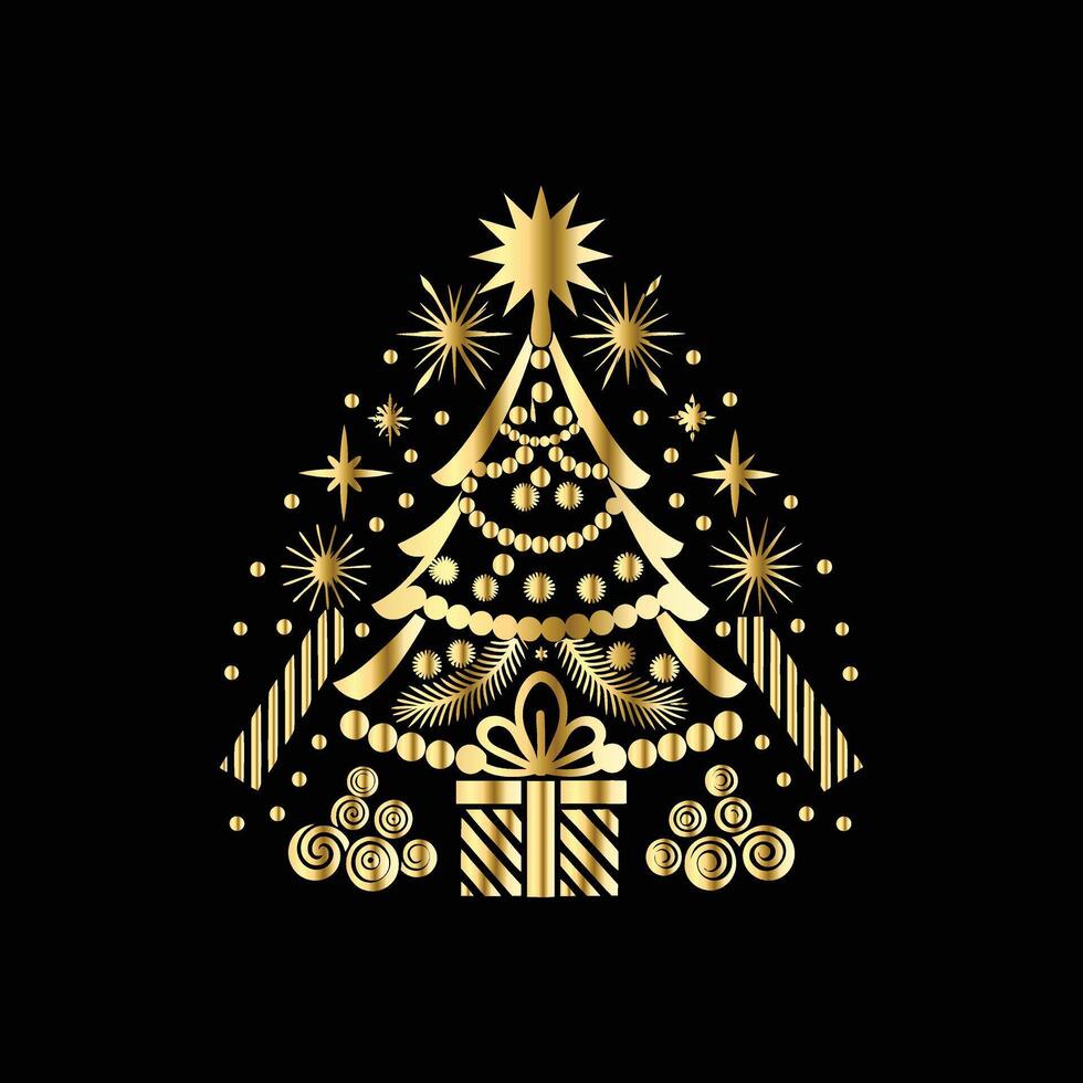 christmas tree with gold decorations on black background. gift box and snowflakes vector