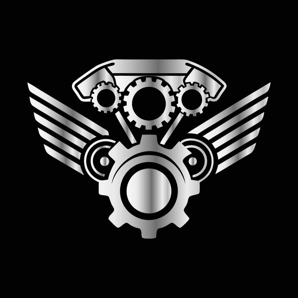 a silver logo with gears and wings vector