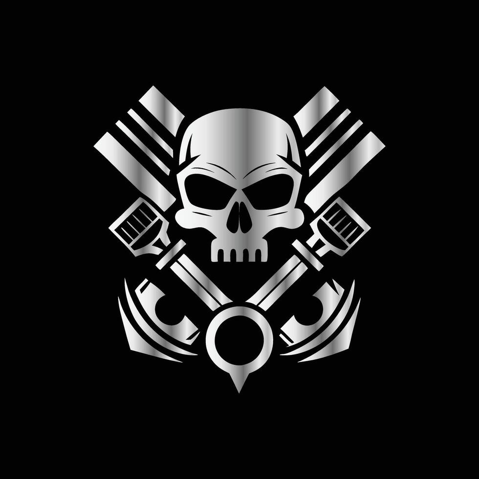 a skull with two crossed wrenches on a black background vector