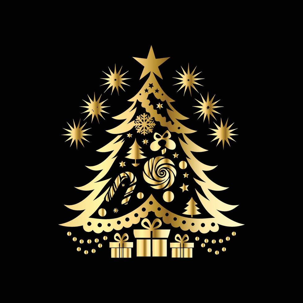 christmas tree with gifts and stars on a black background. gift box and snowflakes. vector