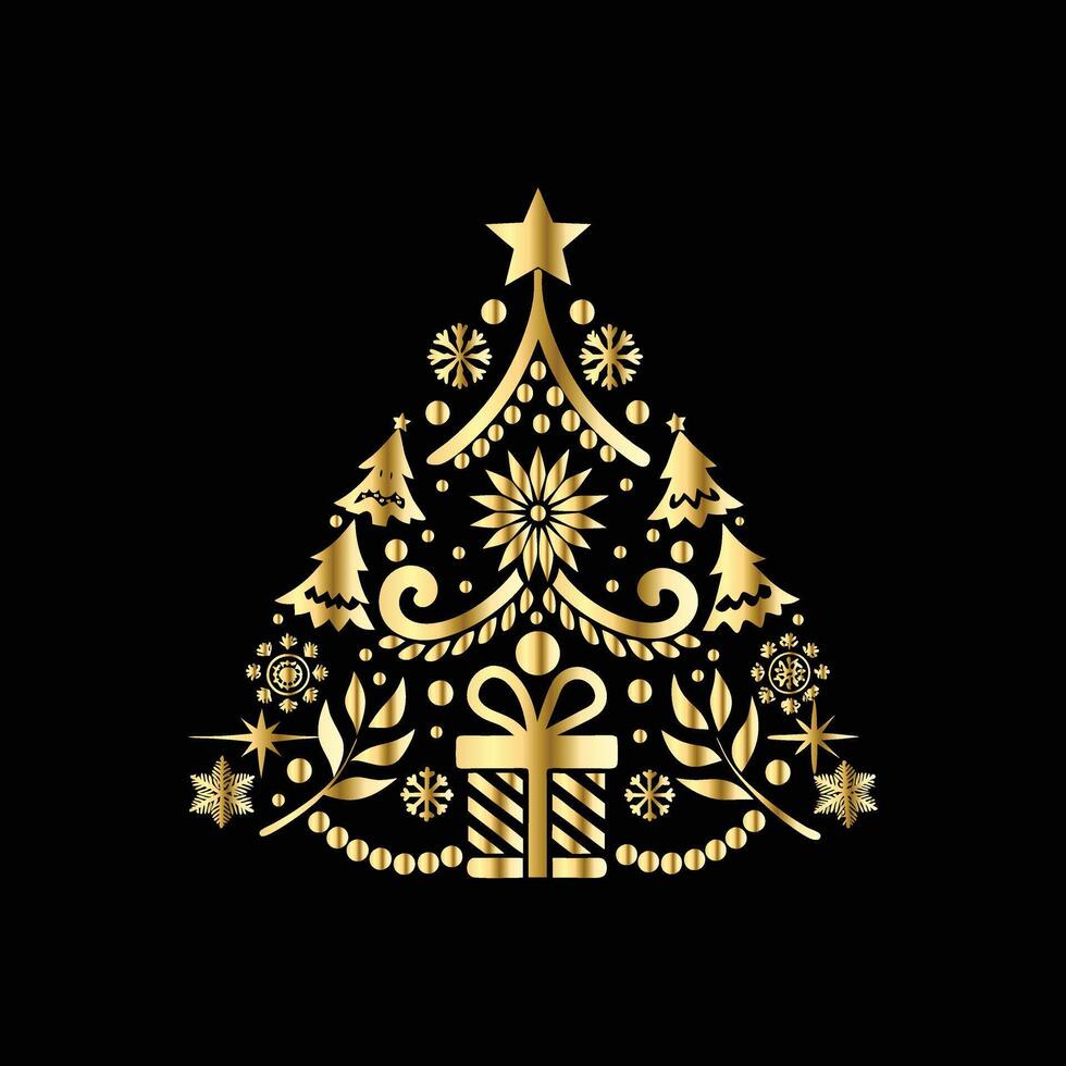 christmas tree with gold ornament on black background. vector