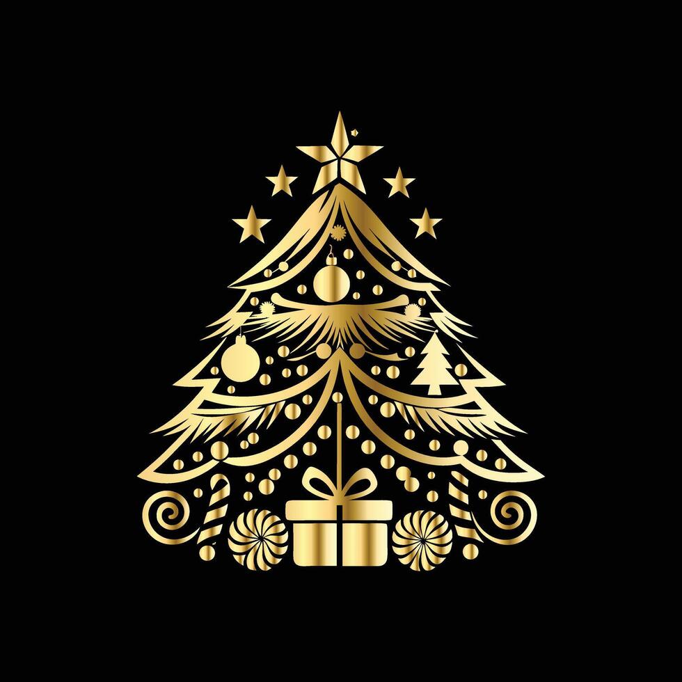 christmas tree with gold decorations on black background. gift box and snowflakes illustration. vector