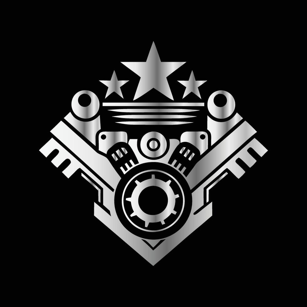 a black and white logo with a star and a car engine vector