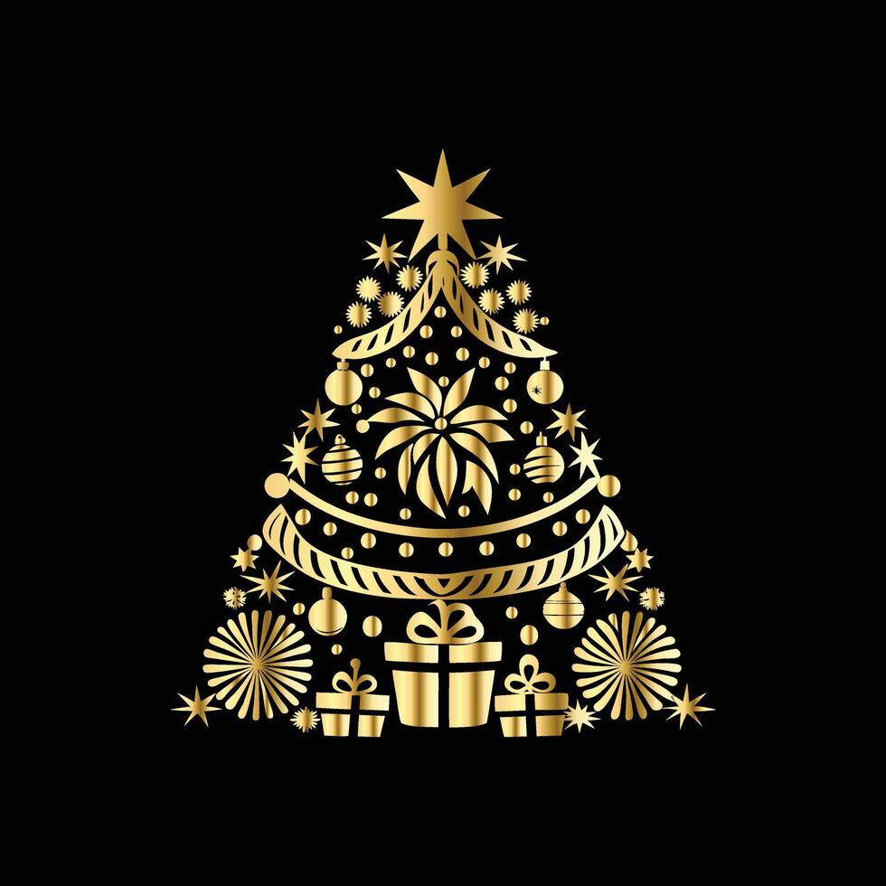 christmas tree with gold decorations on a black background. Golden Christmas tree vector