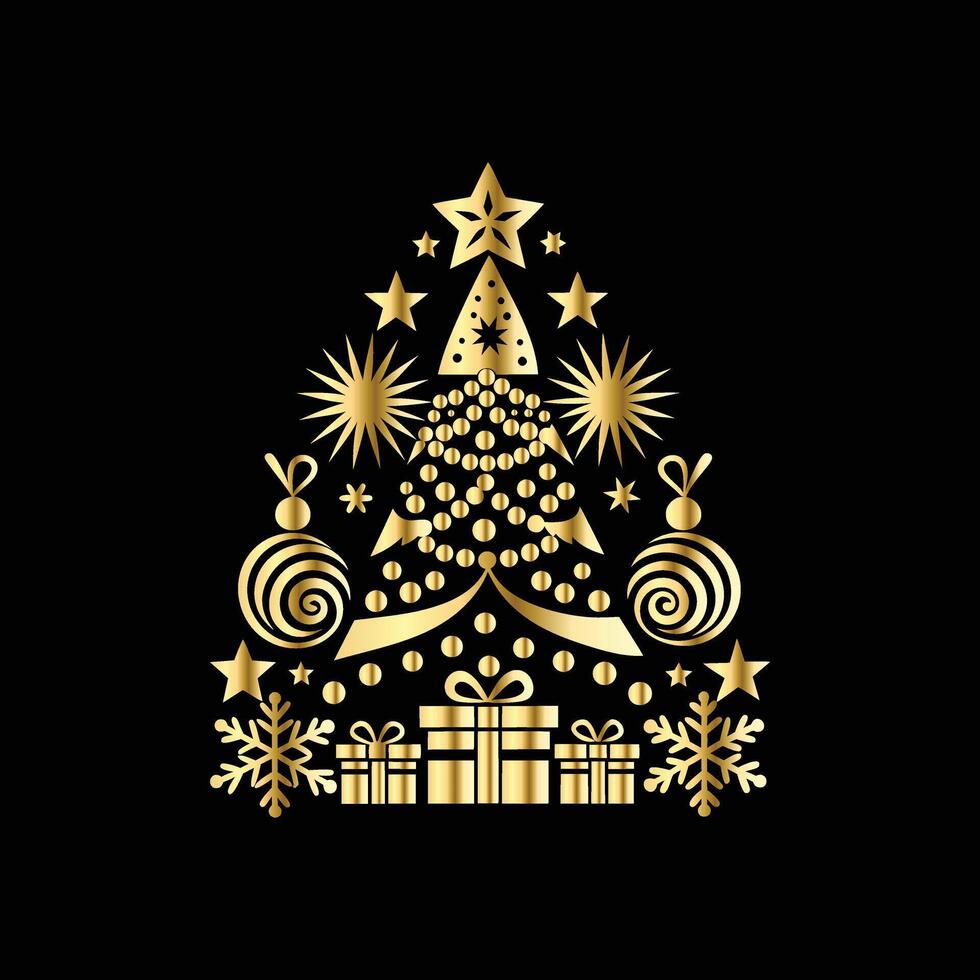 christmas tree with gold decorations on a black background. Golden Christmas tree. vector