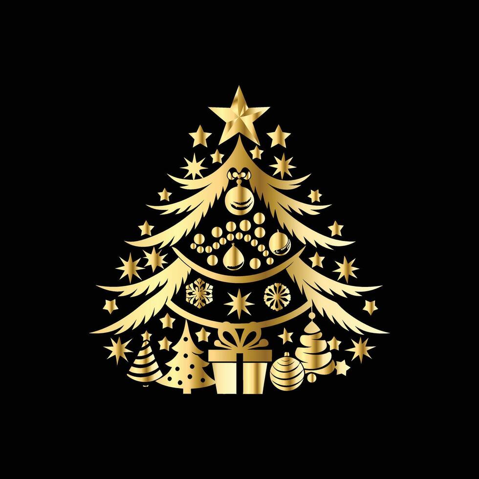 christmas tree with gold decorations on a black background. gift box and snowflakes. vector