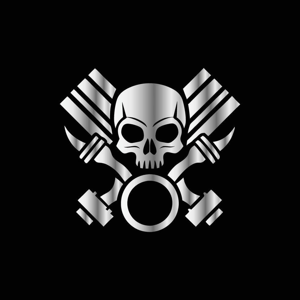 a skull and two crossed pistons on a black background. Automotive engine logo design vector