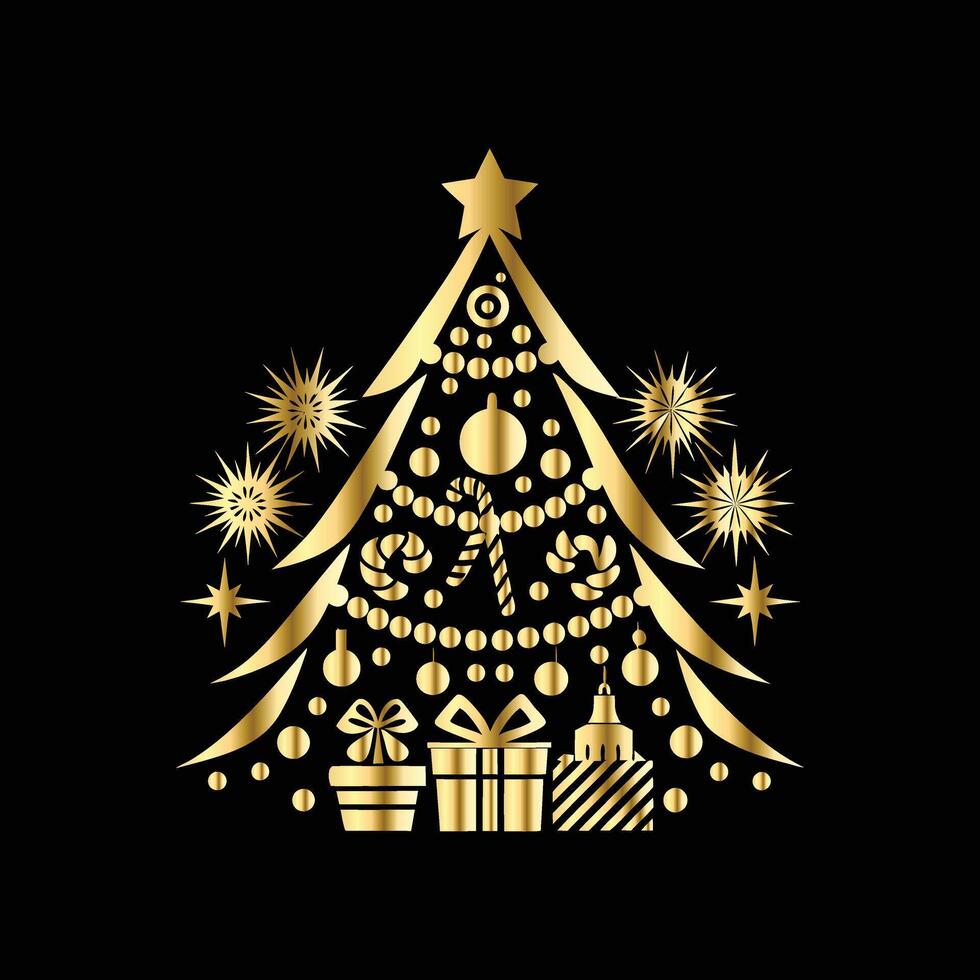 christmas tree with gifts and decorations on a black background. vector