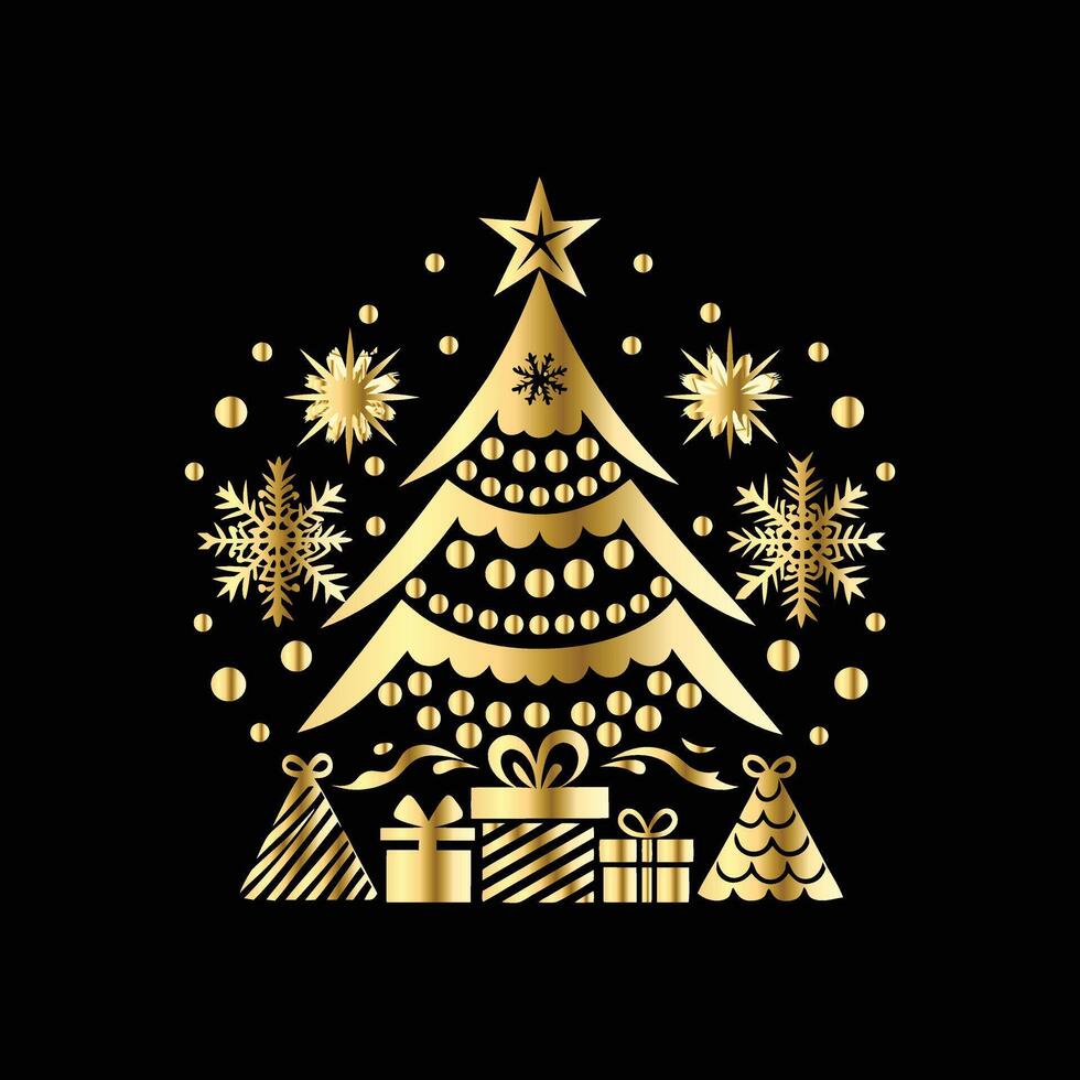 christmas tree with gifts and snowflakes on a black background vector