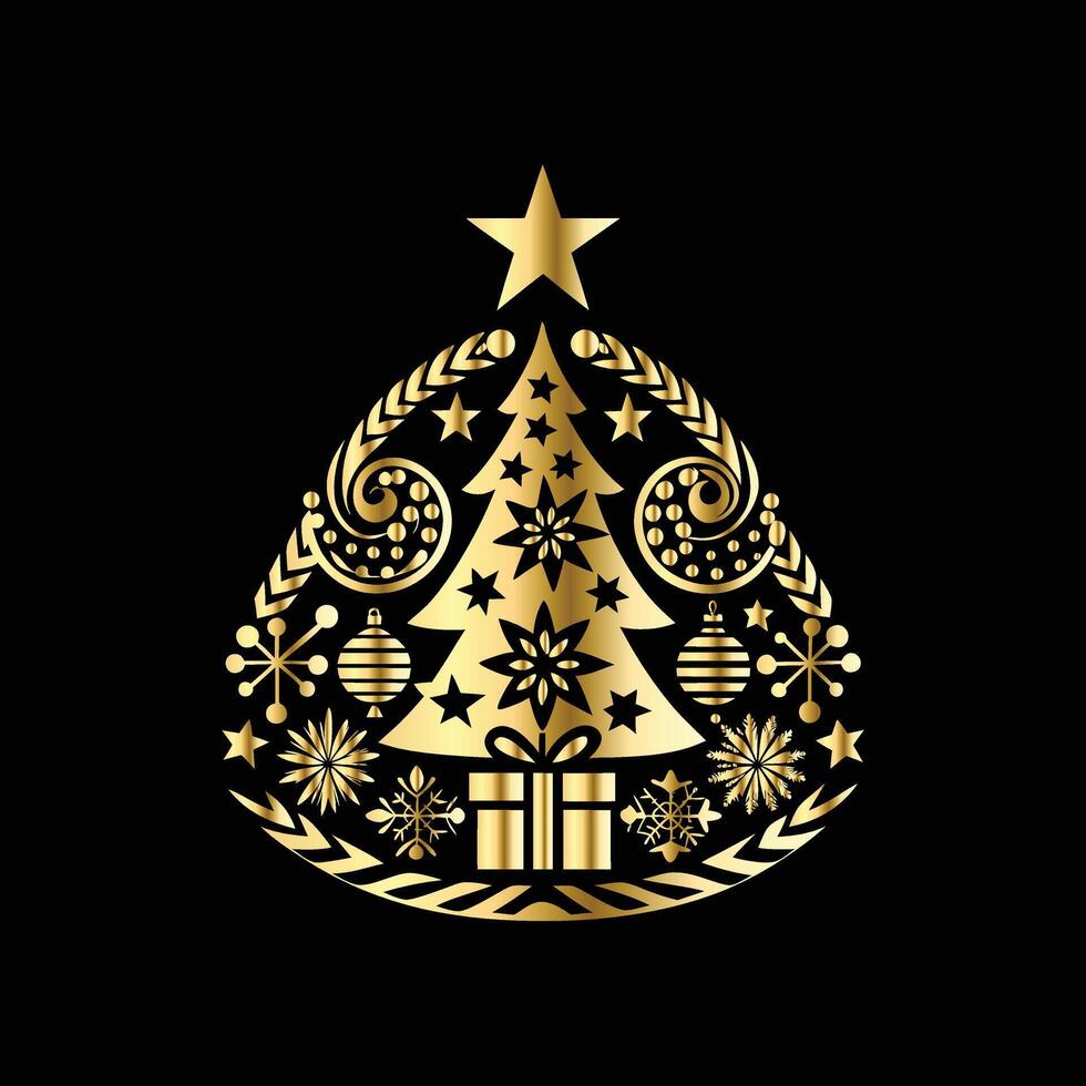 christmas tree with gold ornament on black background vector