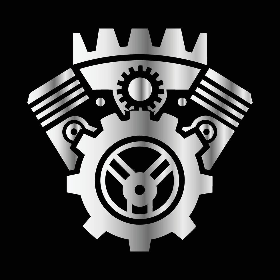 a silver motorcycle engine with gears on a black background vector