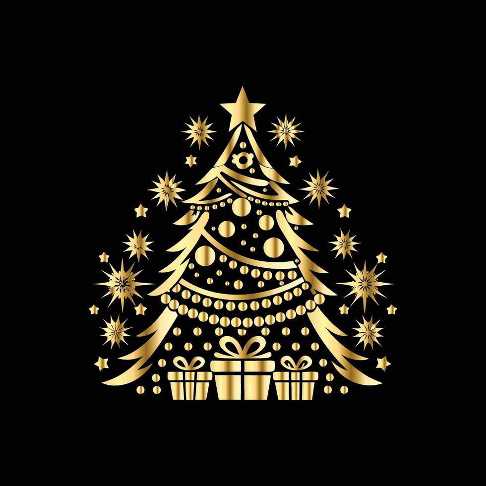 christmas tree with gold decorations on black background. illustration. vector