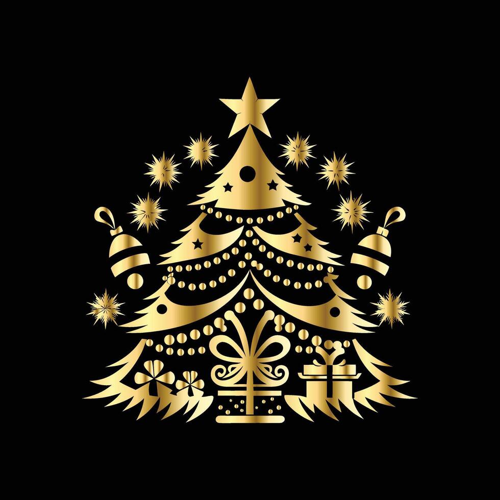 christmas tree with gifts and stars on a black background. vector