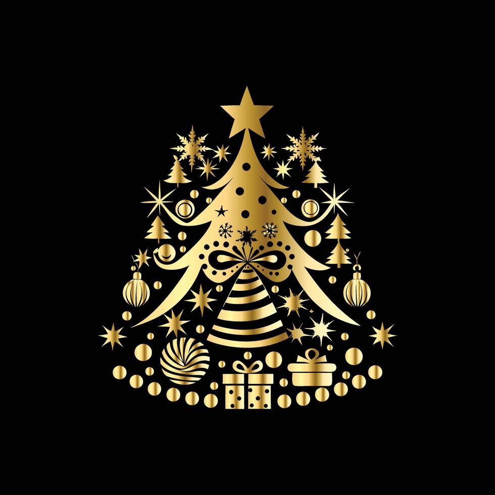 christmas tree with gold decorations on a black background. vector