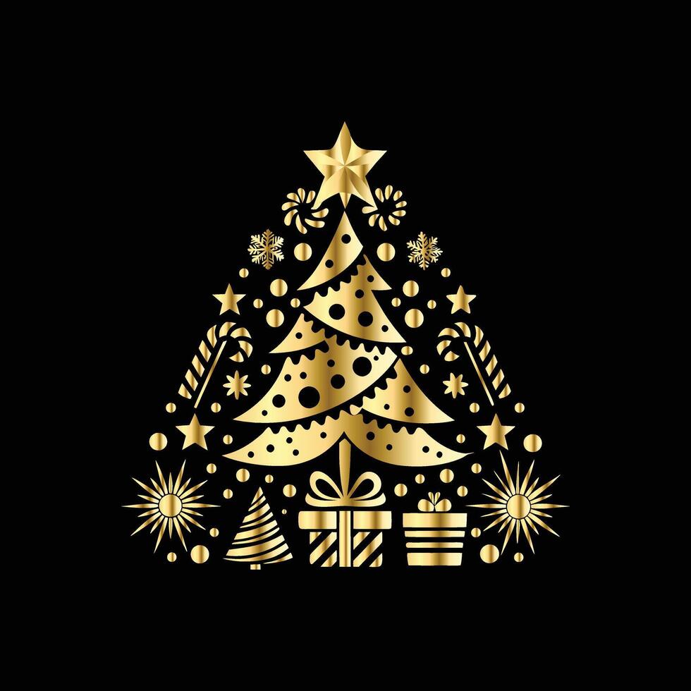 christmas tree with gold decorations on black background . vector