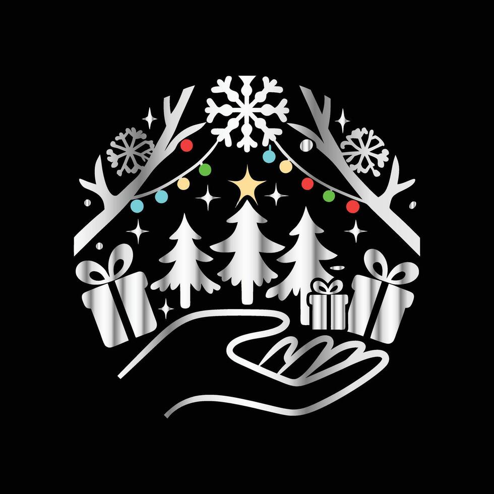 christmas tree and presents in a circle on black background vector