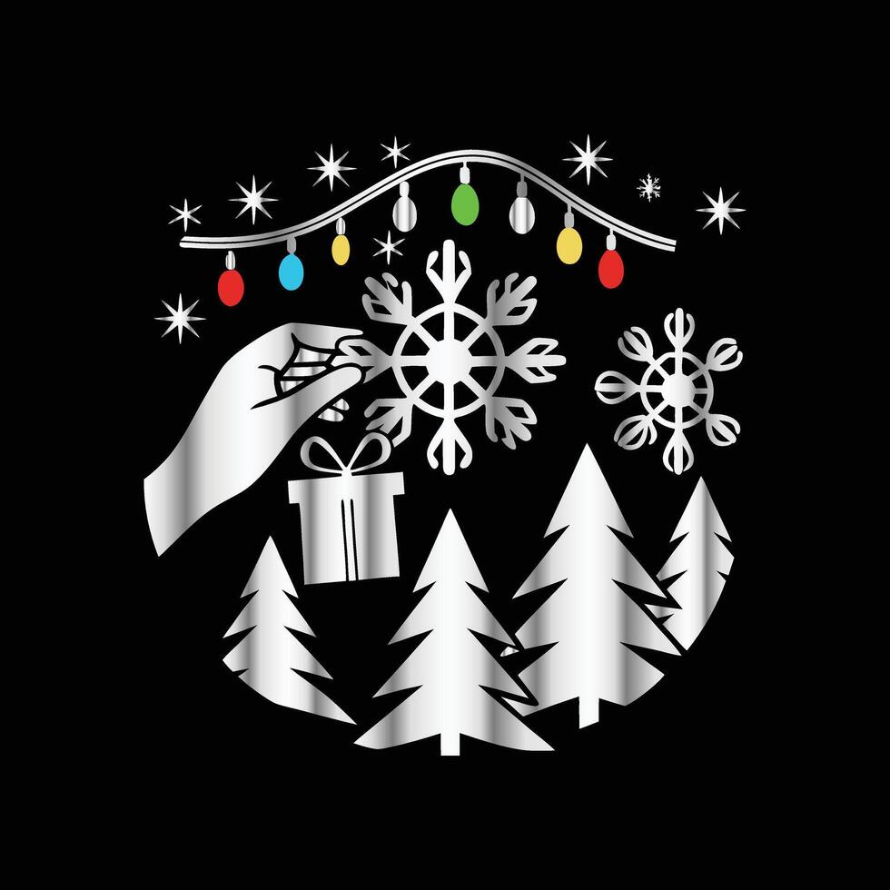 a black background with a snowflake, trees, and a hand holding a gift vector