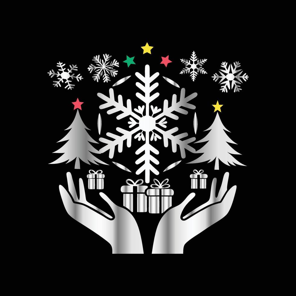 christmas tree and snowflakes in hands on black background. vector