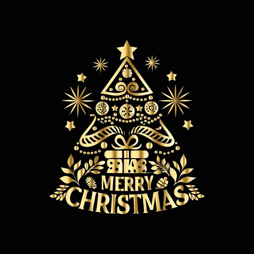 merry christmas tree with gold lettering on a black background vector