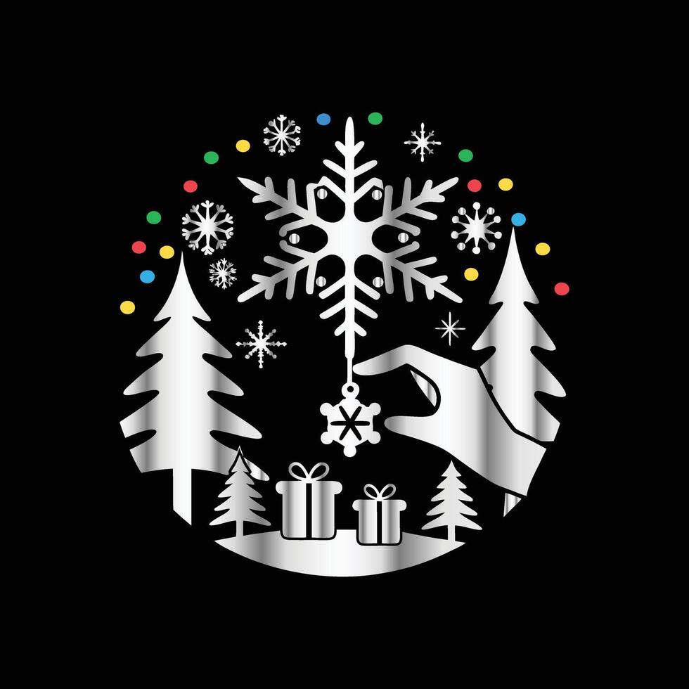 a black background with a snowflake and trees. vector