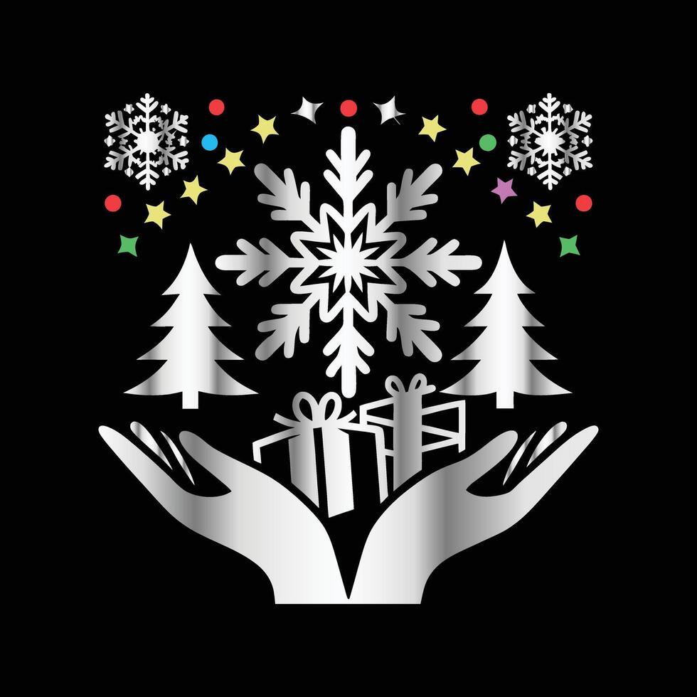 christmas tree and snowflakes in hands on black background vector