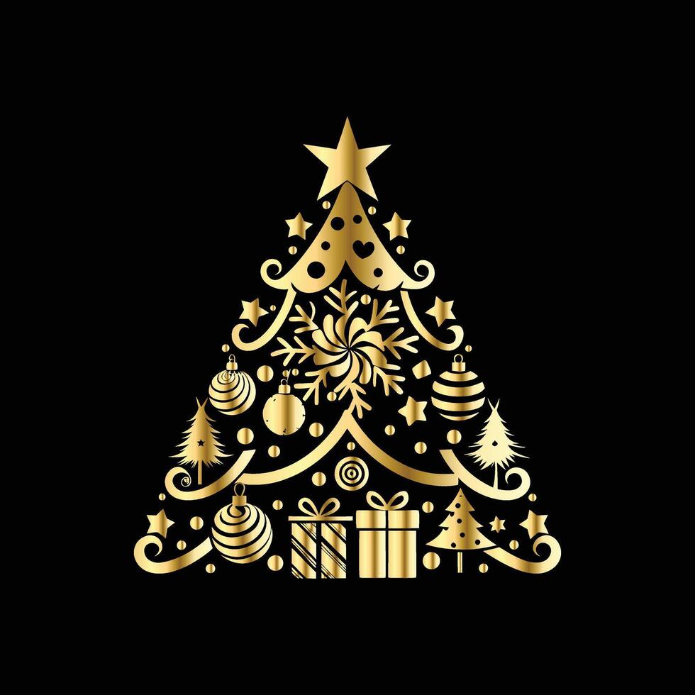 christmas tree with gold decorations on black background. vector