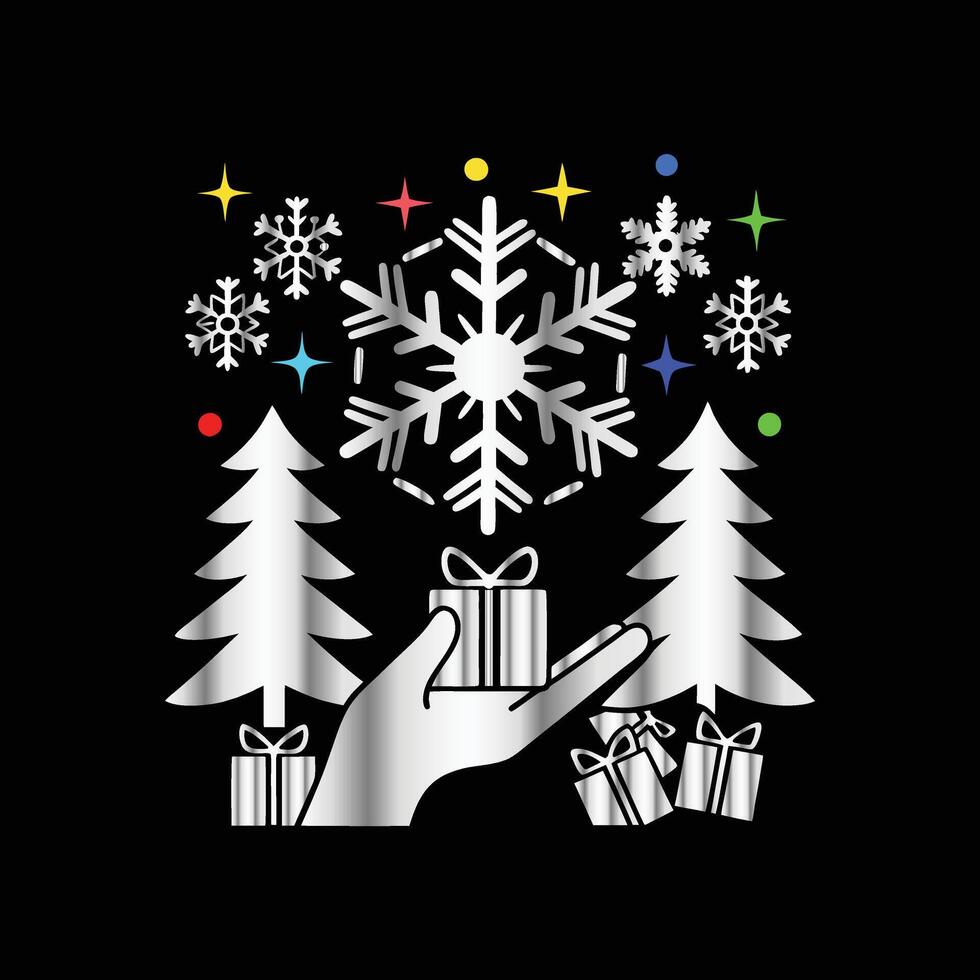 a hand holding a gift box with snowflakes and trees. Christmas and New Year background vector