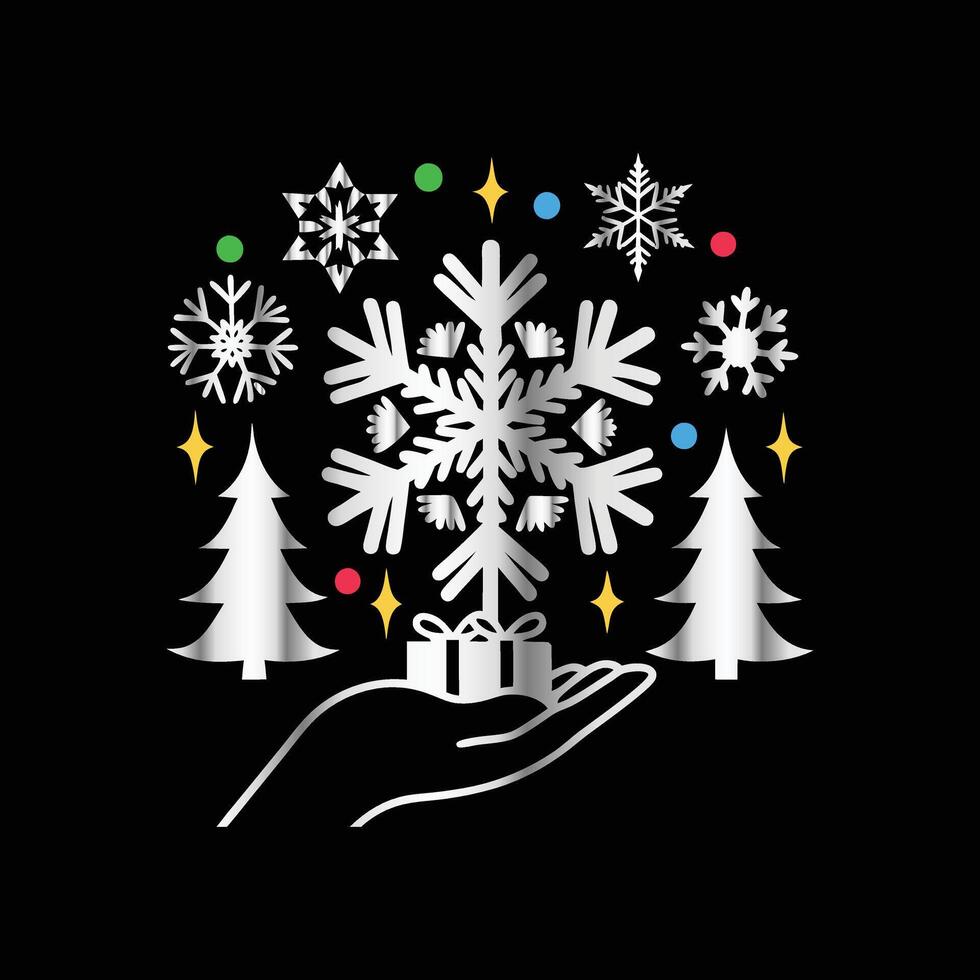 a hand holding a snowflake and a tree on a black background vector