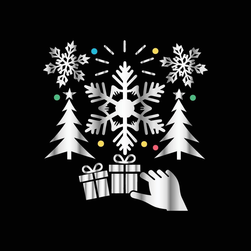 christmas tree and snowflake on black background vector