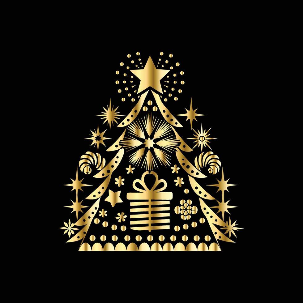 Christmas tree with gold decorations on black background. gifts and snowflakes. vector