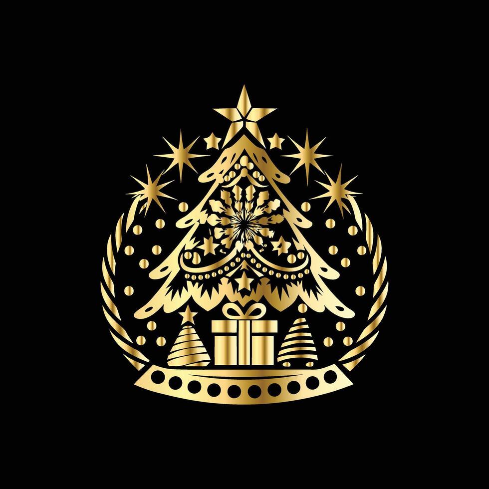 christmas tree with stars and gifts on a black background vector