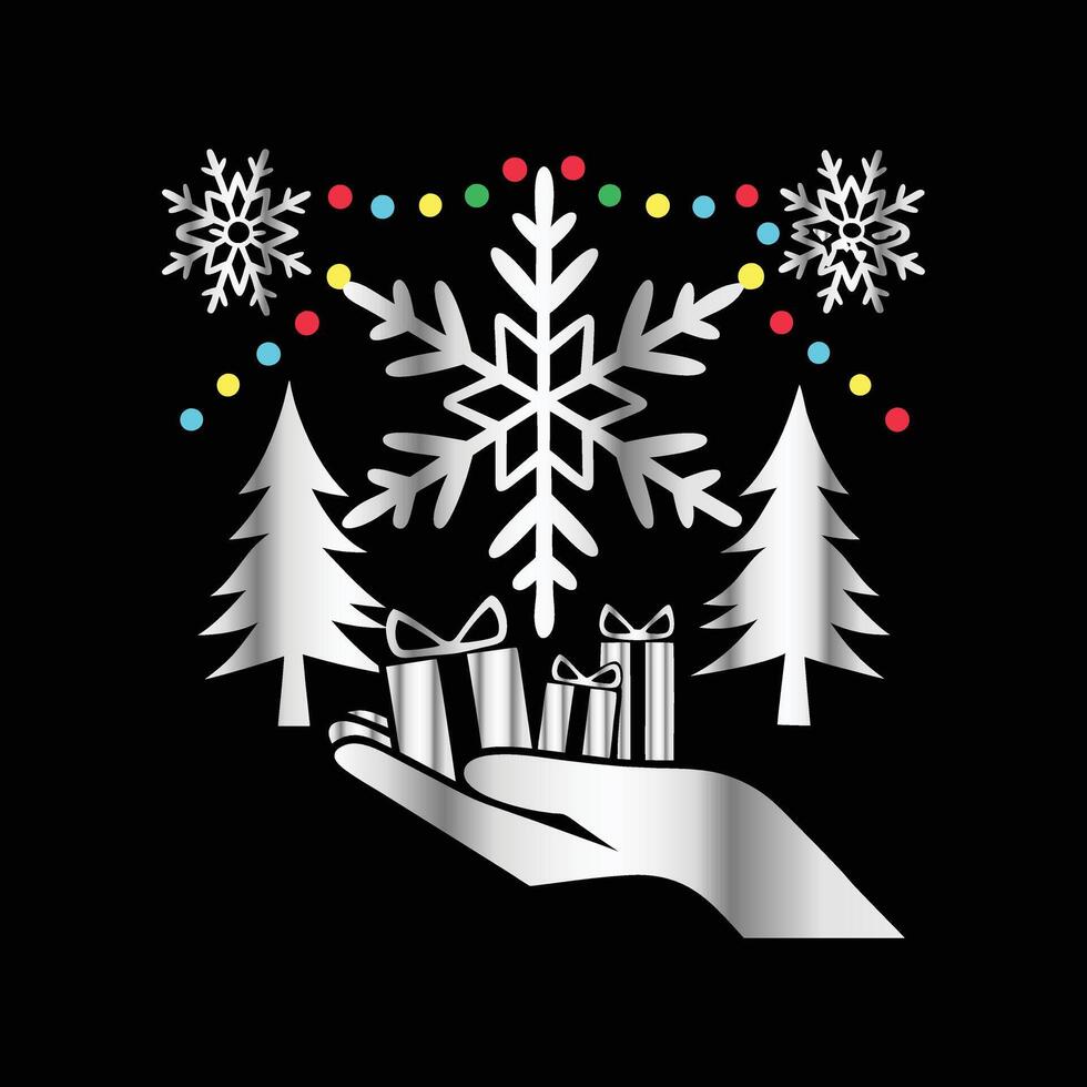 christmas tree and gift box in hand on black background vector