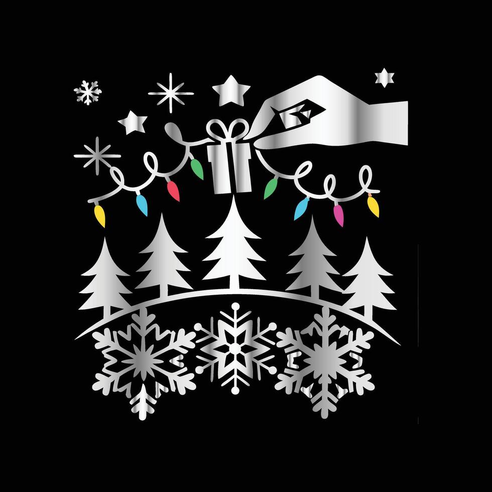 a black background with a hand holding a christmas tree vector