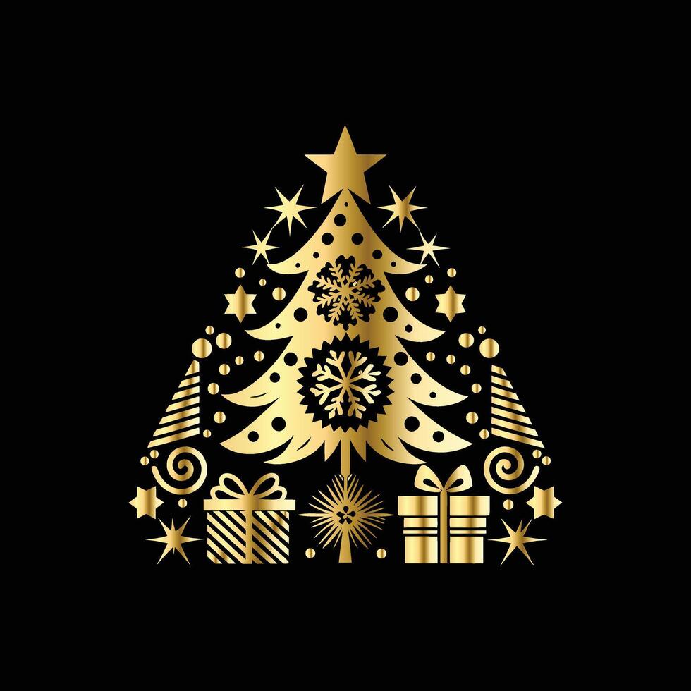 christmas tree with gifts and stars on a black background vector