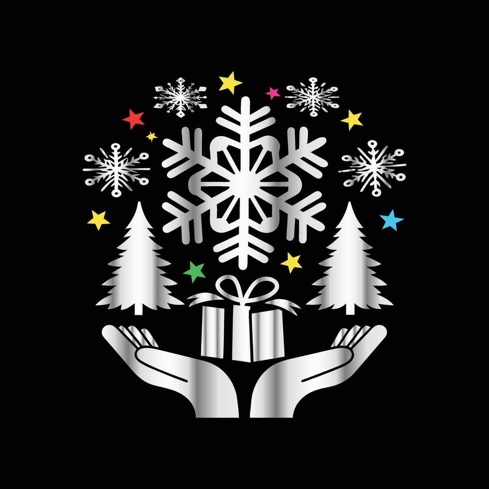 christmas tree and snowflake in hands with gift box vector