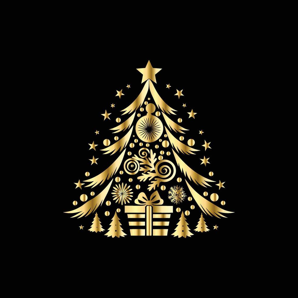 christmas tree with gold decorations on a black background vector