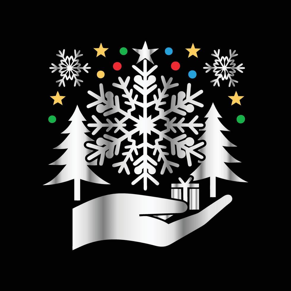 a hand holding a snowflake and a tree vector