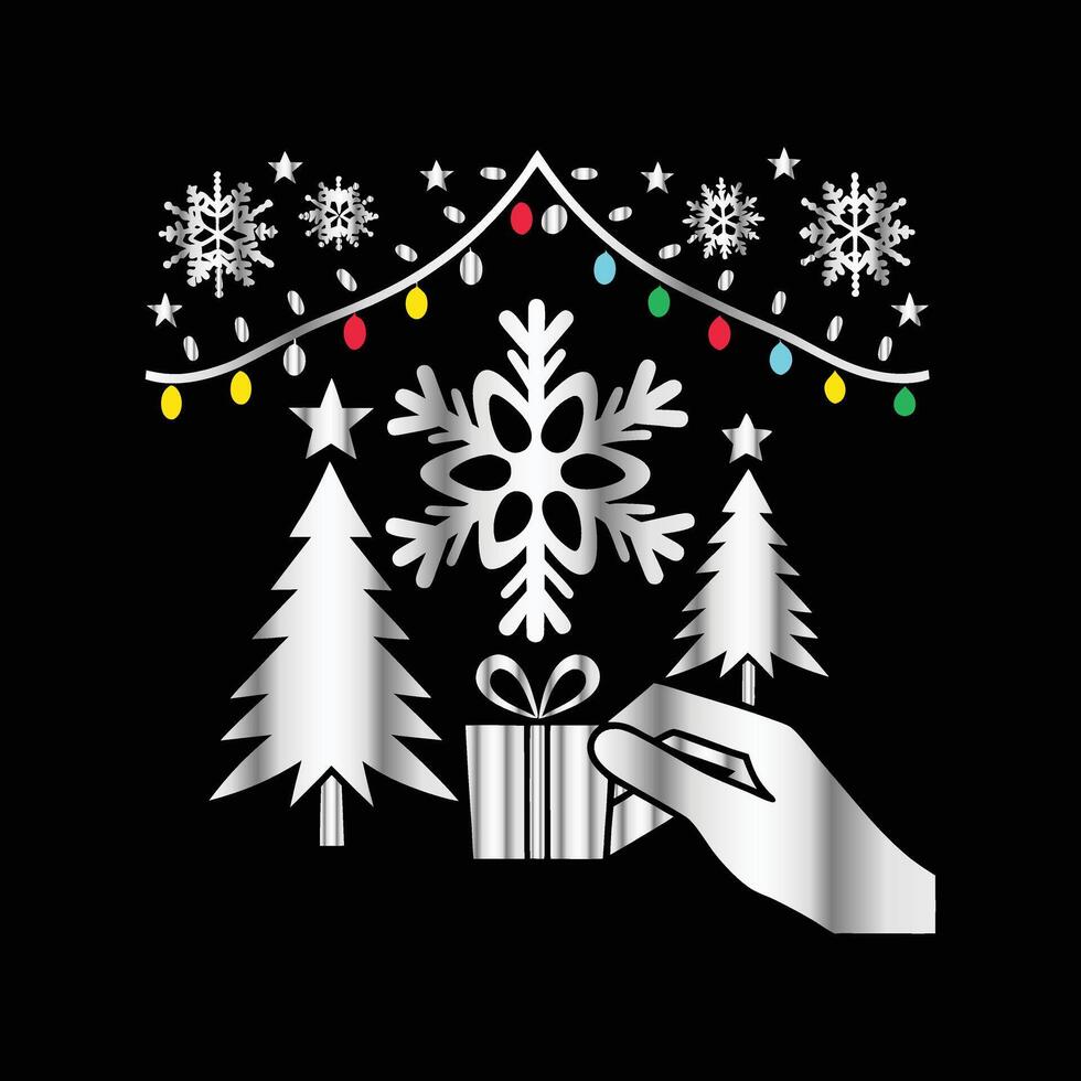 a hand holding a gift box with snowflakes and trees. vector