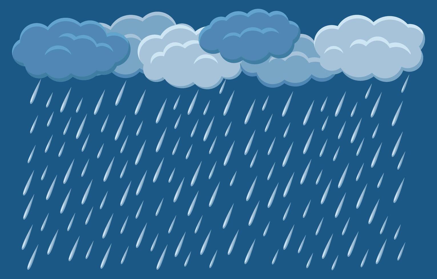 Heavy rain cartoon illustration. Dark stormy clouds and waterdrops on dark background. vector