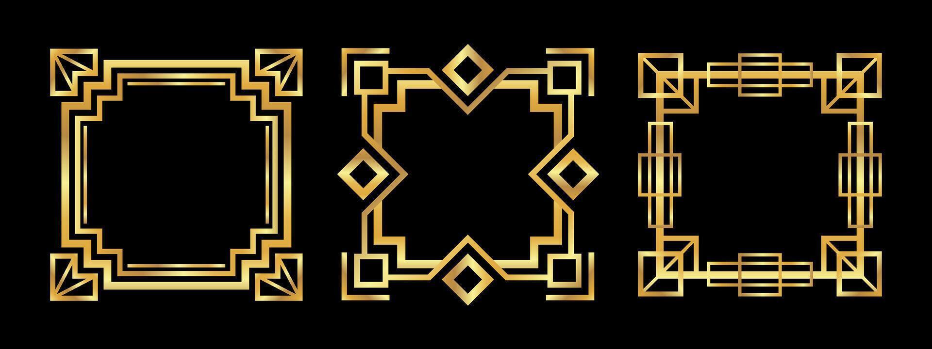 Art Deco geometric Gold frames set. Linear Gatsby style borders on black vector