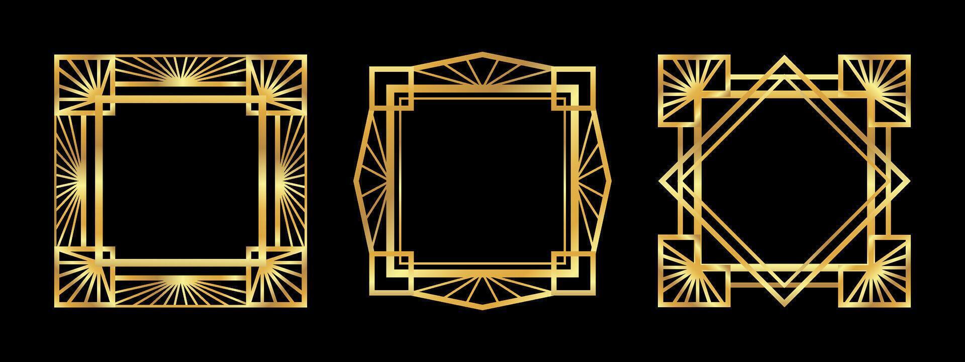 Art Deco geometric Gold frames set. Linear asian style borders on black vector