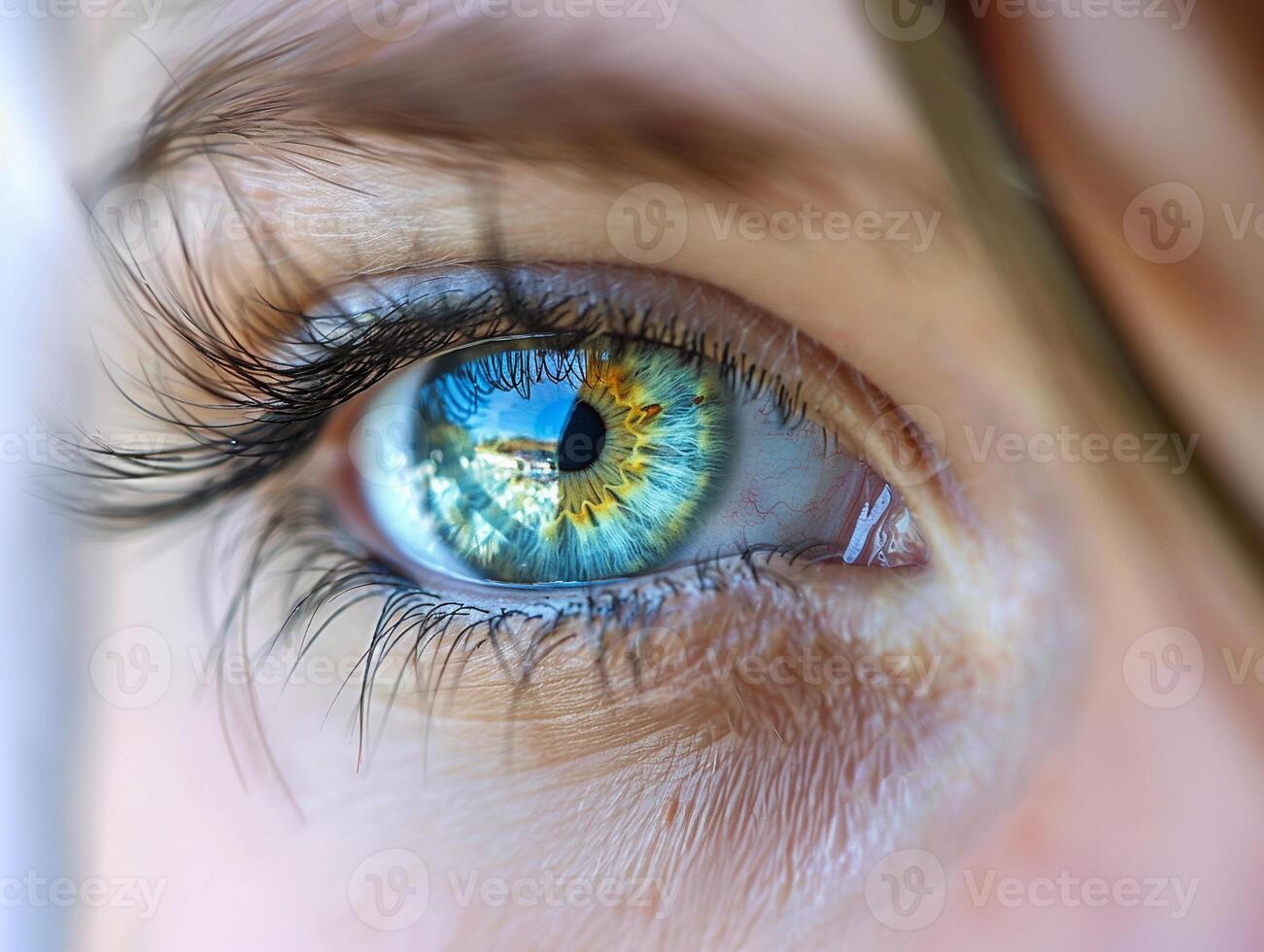 A woman's eye is shown in a blue and yellow hue photo