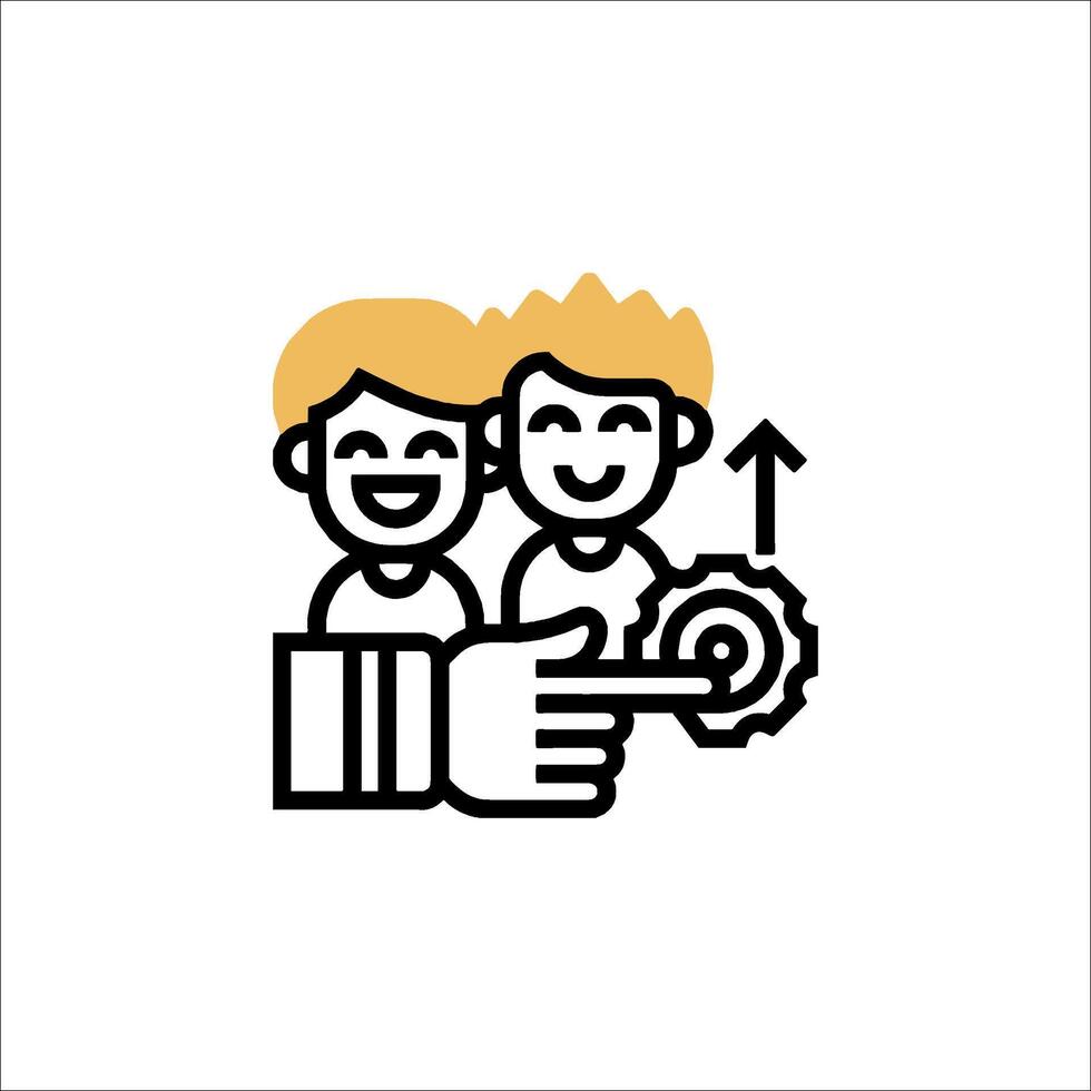 A black and white icon of two people holding a gear vector
