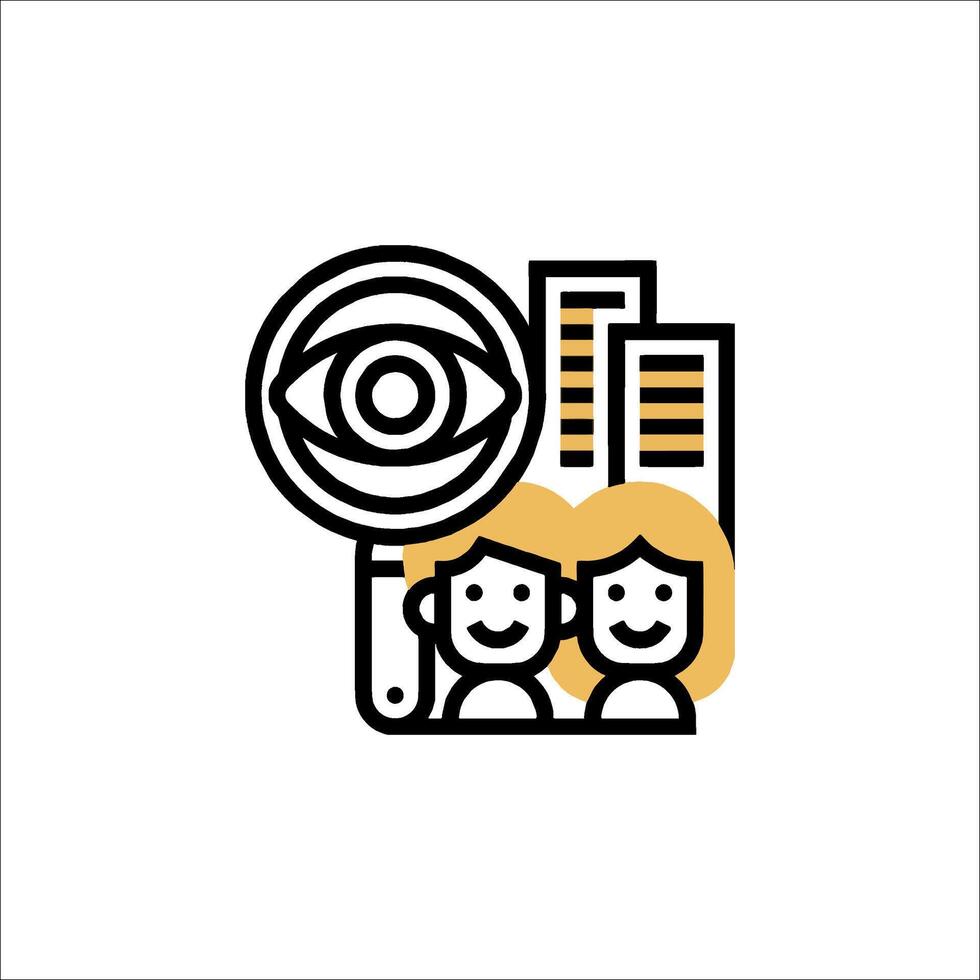 A black and white illustration of a magnifying glass and two people vector