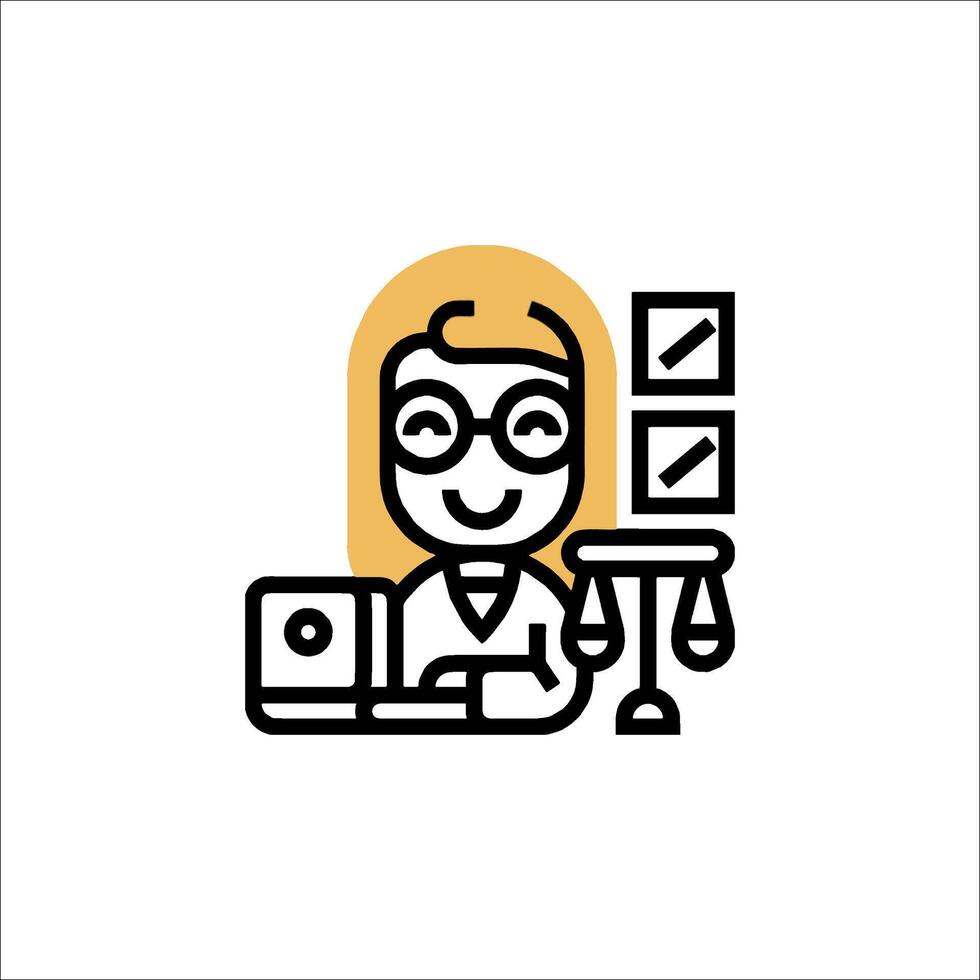 A woman in glasses sitting at a desk with a laptop vector
