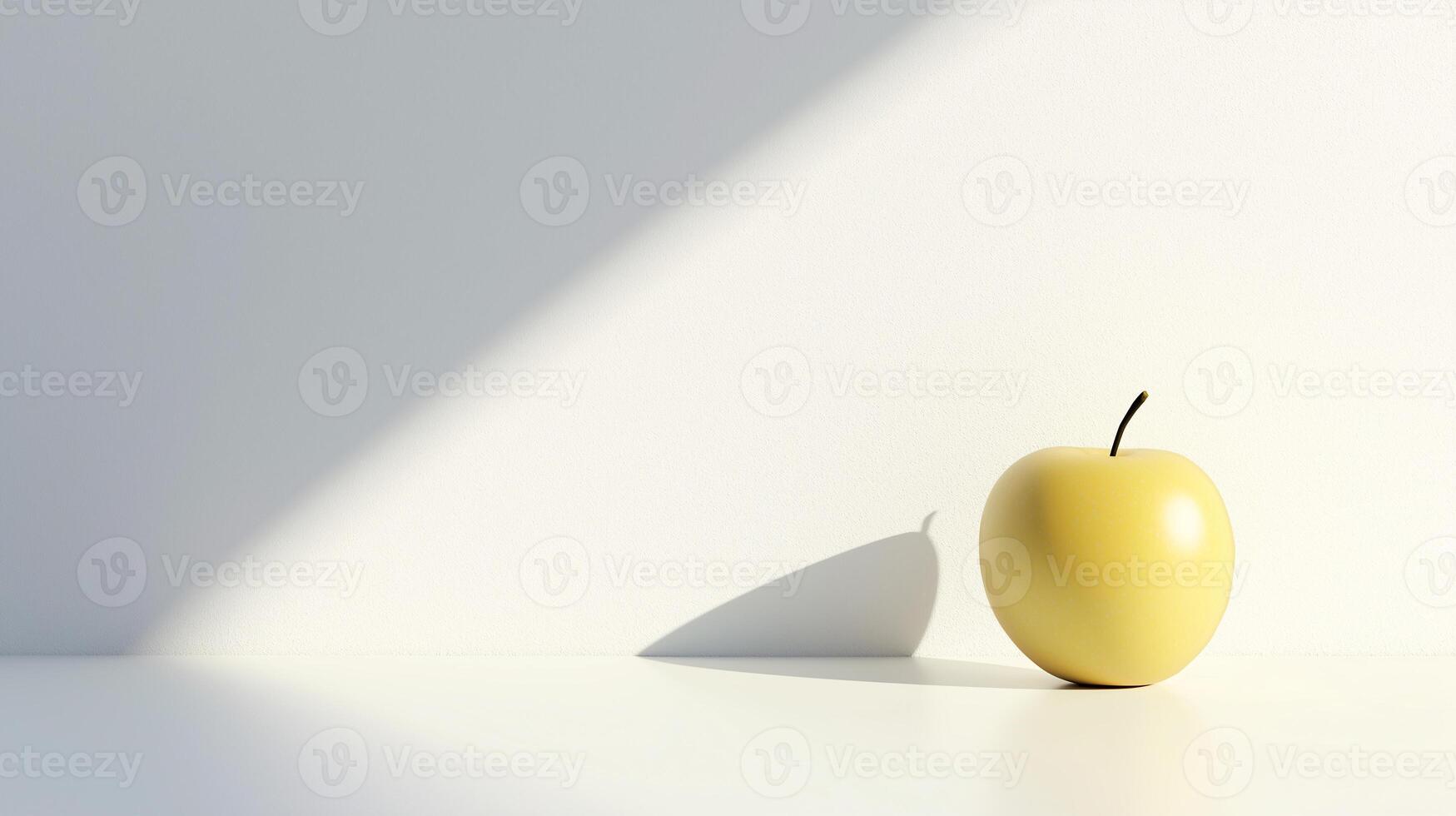 A yellow apple sits on a white countertop, casting a shadow on the wall photo