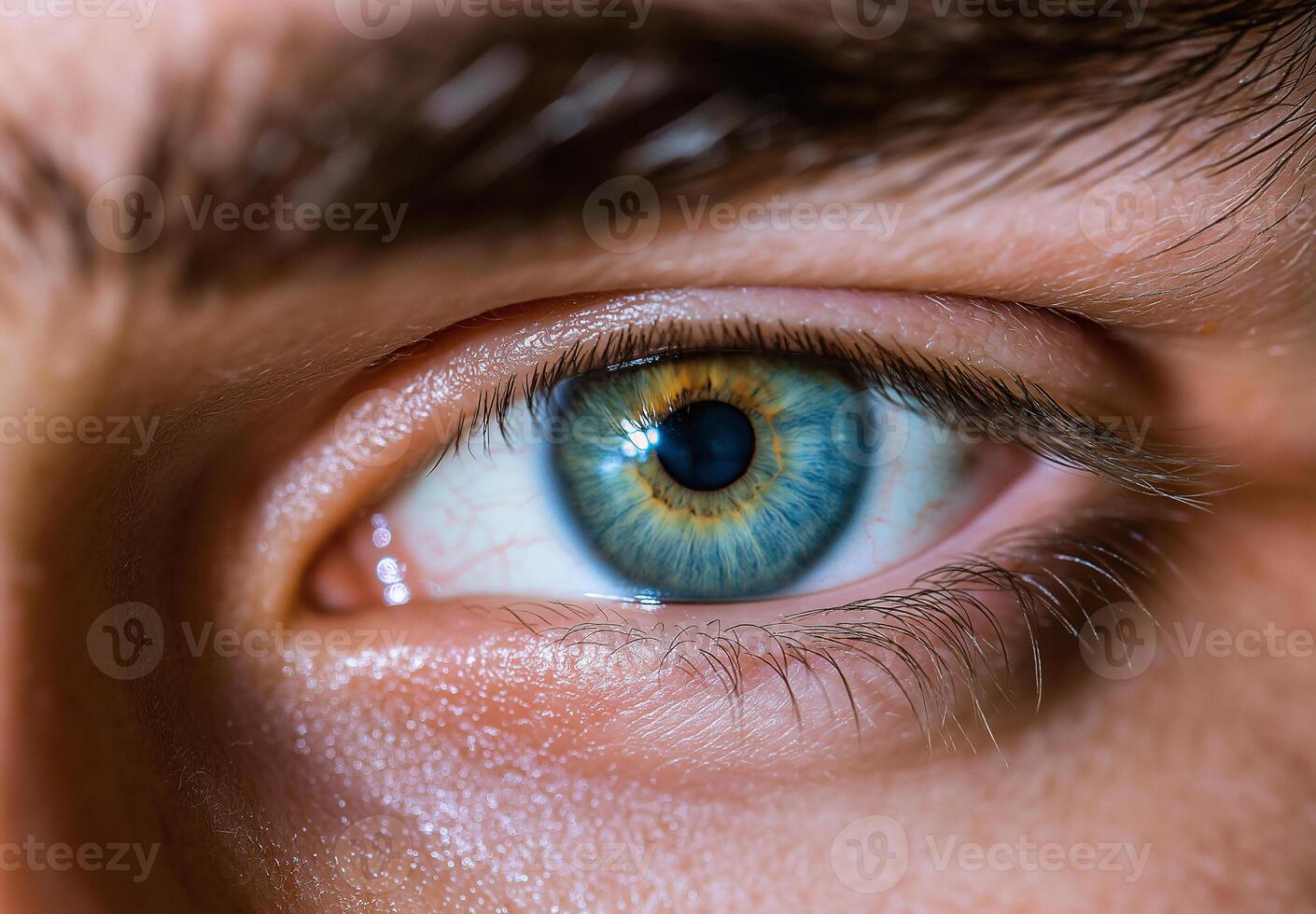 A man's eye is open and has a blue and green colour photo