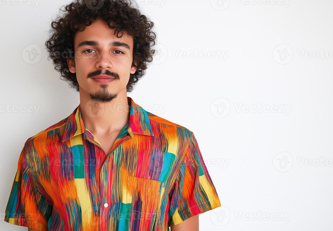 A man with a beard and a colourful shirt is smiling for the camera photo